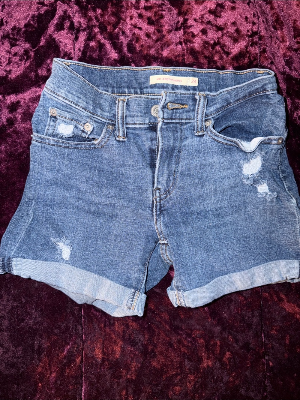 Casual Mid-Rise Distressed Women's Denim Shorts - Blue